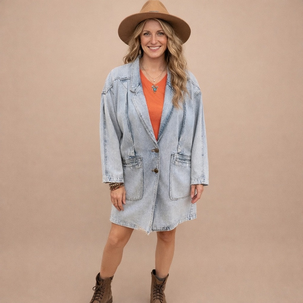 💖 Vintage Andy Johns Acid Wash Denim Jacket, Longline Oversized Boho, Sz Lg
